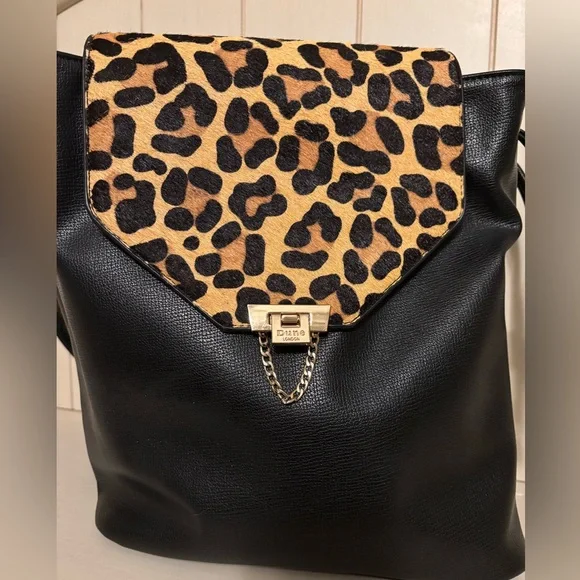 Dune London Black backpack purse with leopard print flap - Picture 1 of 8